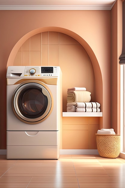 Pared marrón beige en blanco con puerta de arco a la lavandería cocina de diseño moderno con mostrador utilitario