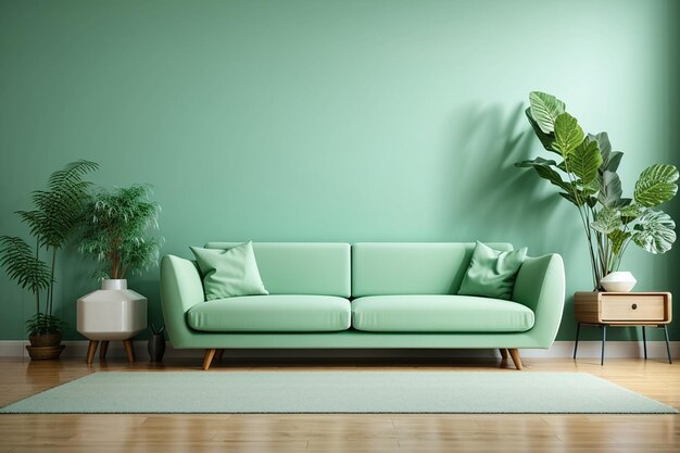 pared de menta verde con sillón de sofá en el piso de madera interior