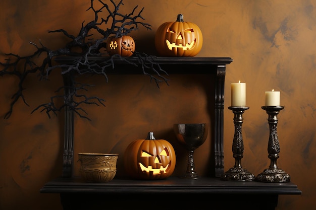 pared y mesa de halloween espeluznante papel tapiz de linterna de calabaza tallada