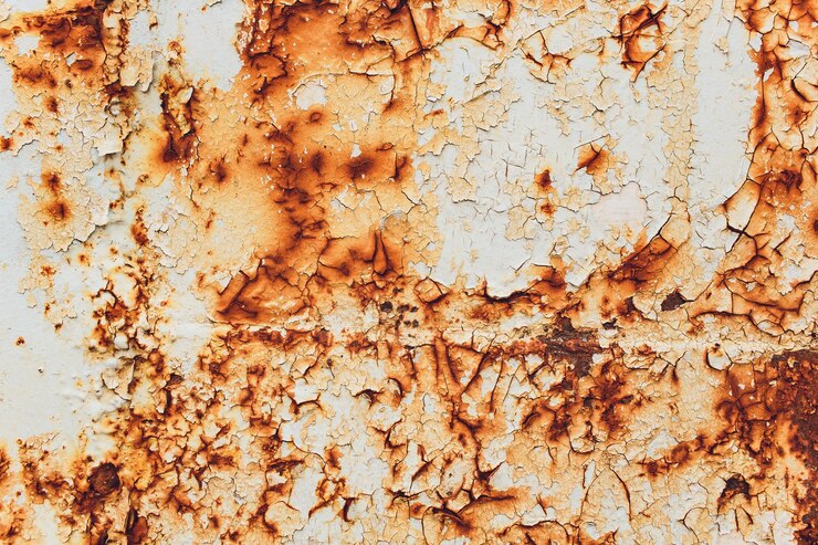 Foto pared metálica pintada de blanco oxidado fondo metálico oxidado con rayas de óxido manchas de óxidos la superficie metálica oxidada manchas de textura metálica óxido de fondo
