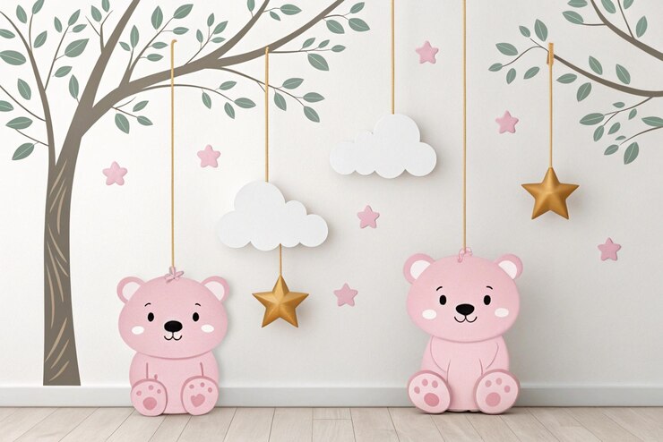 Pared minimalista de vivero pastel con osos rosados y nubes colgantes