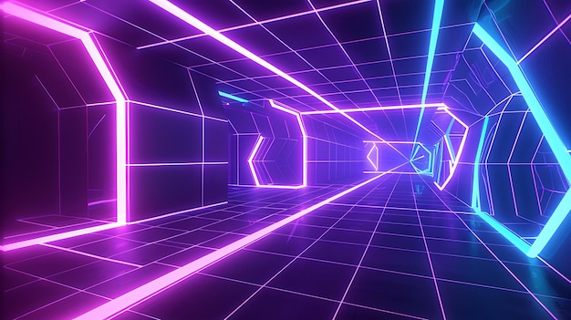 una pared en movimiento con líneas brillantes y un fondo azul y rosa
