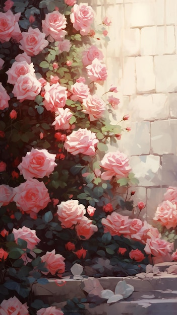 una pared con muchas rosas diferentes en ella