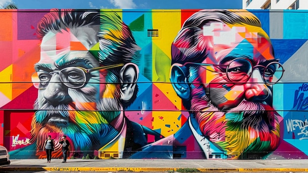 una pared con un mural de dos hombres con gafas y corbata