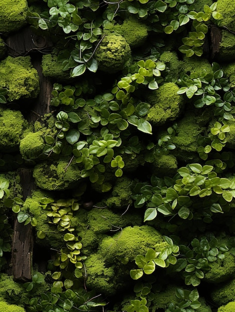 una pared de musgo verde con una planta verde creciendo en ella.