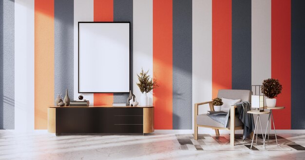 Pared naranja y gris en la sala de estar con diseño colorido de dos tonos Representación 3D