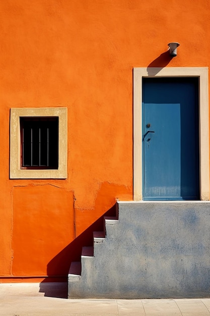 Una pared naranja con una puerta y escalones al estilo de esmeralda clara e índigo IA generativa