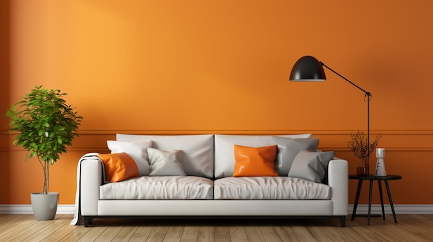 Pared naranja y sofá gris con fondo de puerta clásico blanco lámpara naranja moderna