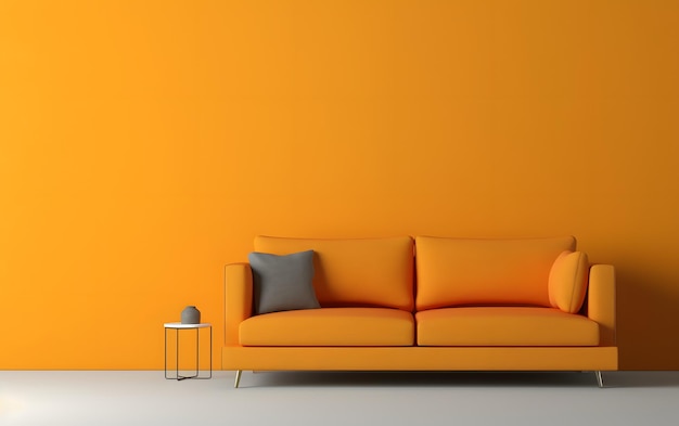 Pared naranja con un sofá y una mesa pequeña.