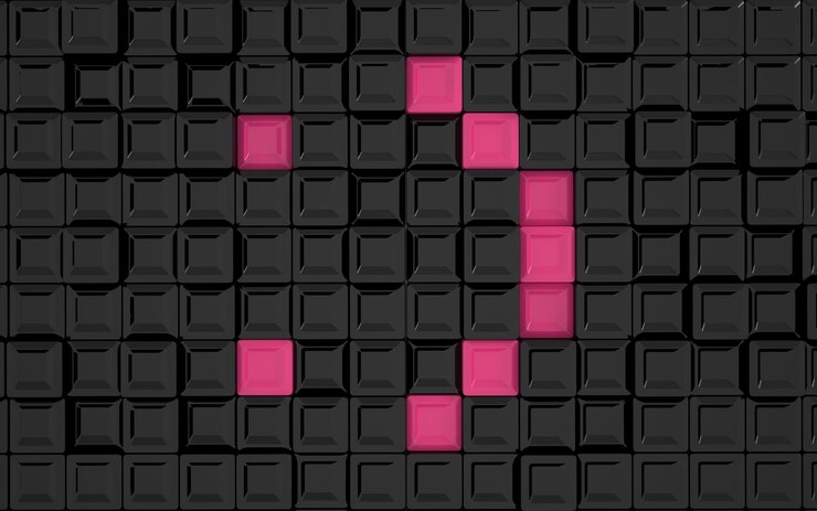 Foto una pared negra con cuadrados rosas en el medio que dice "i".