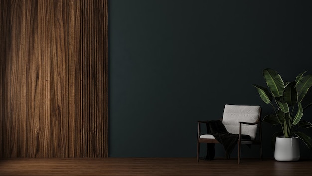 Pared negra con panel de madera en la habitación con sillón y planta en maceta suelo de madera renderizado 3d