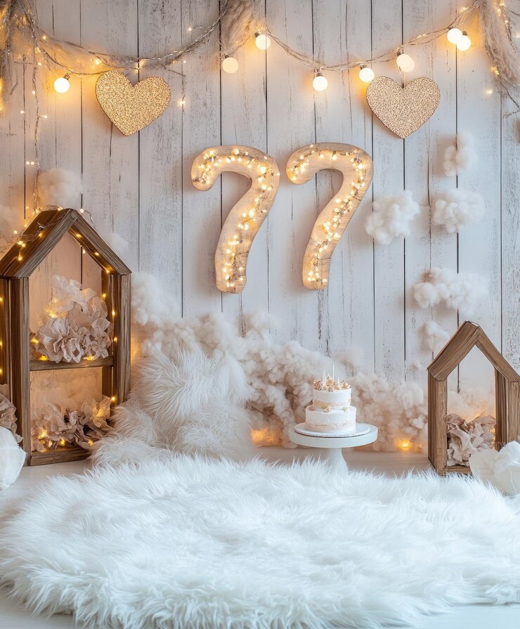 una pared con un número 7 y un pastel con un número en él