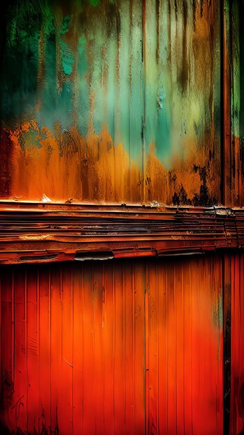 Una pared oxidada con pintura verde y naranja.