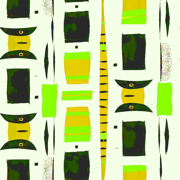una pared con un patrón amarillo y verde con un árbol en el medio