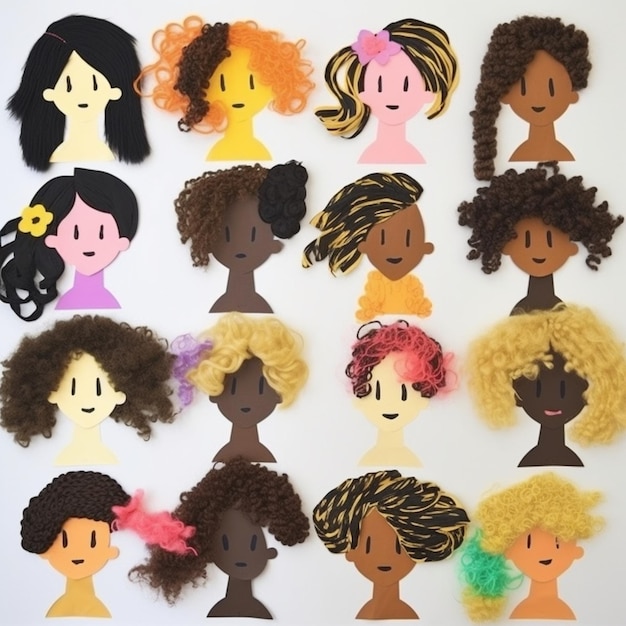 Foto una pared de pelucas de cabello de diferentes colores con diferentes estilos de cabello.