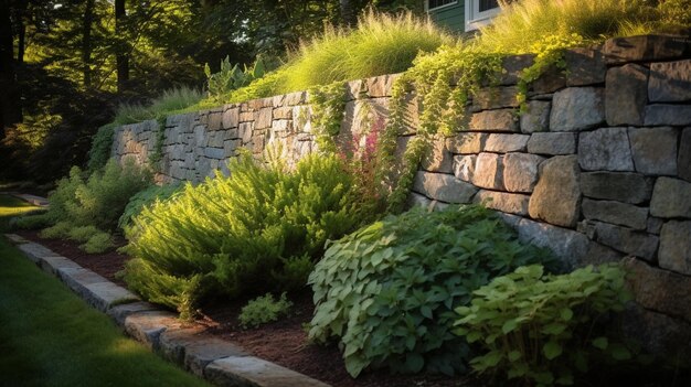 Pared de piedra decorada con plantas verdes por la noche IA generativa