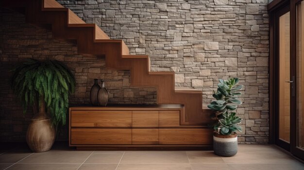 Con pared de piedra y escaleras Interior de habitación clásica con detalles arquitectónicos