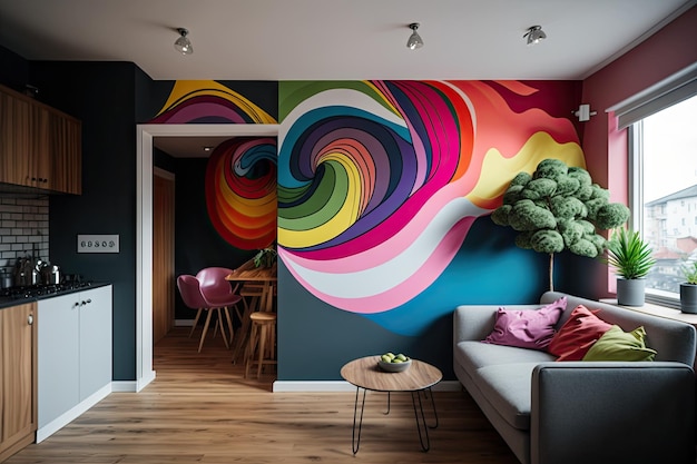 Una pared pintada de colores en un apartamento moderno