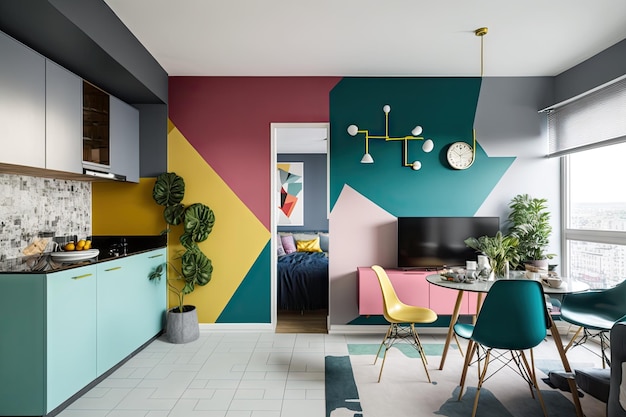 Una pared pintada de colores en un apartamento moderno