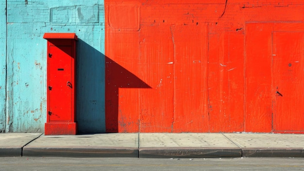 Una pared pintada de rojo y azul con un buzón en ella