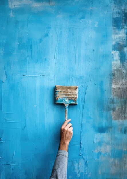 Pared de pintura de mano masculina con rodillo de pintura con color azul Ai generativo