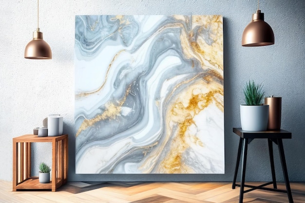 Una pared con una pintura de mármol azul y dorado.