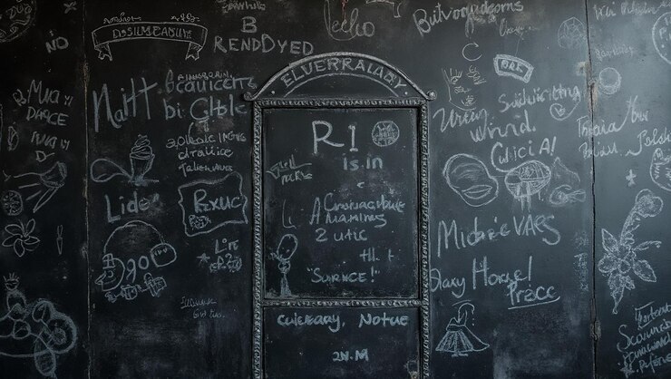 Pared de pizarra llena de notas escritas a mano y garabates en tiza blanca