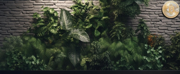 Una pared de plantas con un fondo verde.