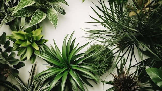 Una pared de plantas con hojas verdes y un fondo blanco.