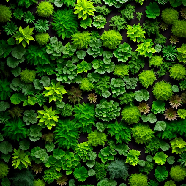 Una pared de plantas con hojas verdes y la palabra verde.