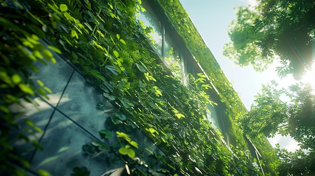 Pared de plantas verdes iluminadas por el sol Arquitectura sostenible y diseño ecológico