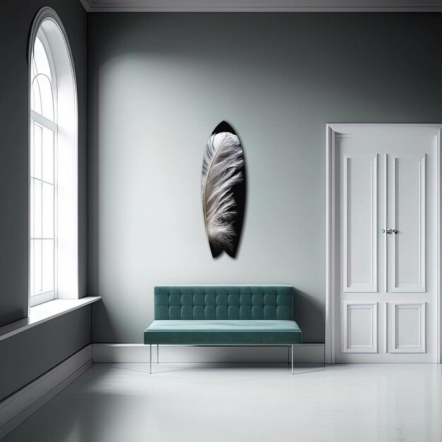 Una pared con una pluma y un sofá azul al fondo.