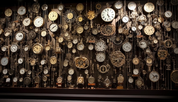 Una pared de relojes con la hora de las 12:30.
