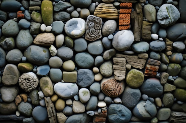 Una pared de rocas con varias piedras de diferentes colores.