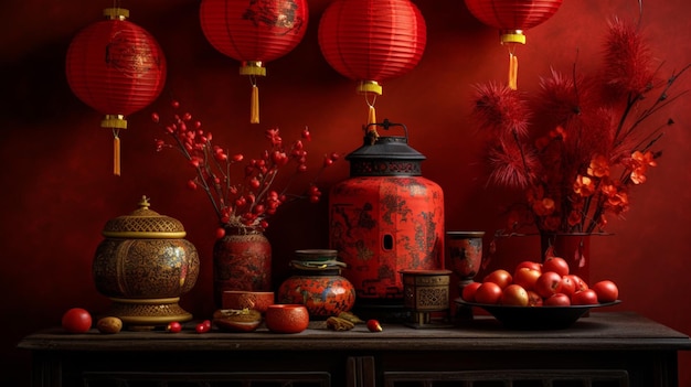 Una pared roja con adornos chinos y un jarrón de flores.
