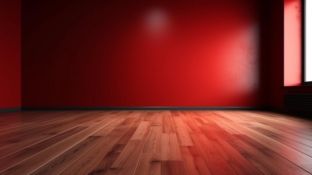 Pared roja en blanco en una habitación vacía con una vista frontal del piso de madera