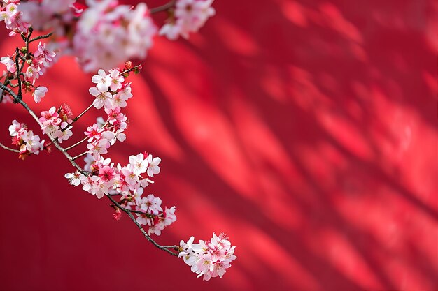 Foto la pared roja con las cerezas en flor