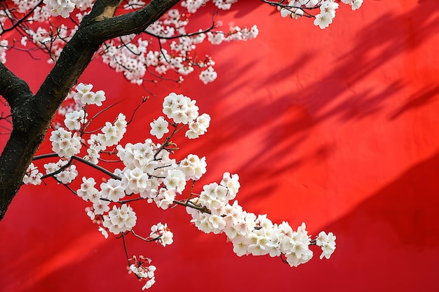 Foto la pared roja con las cerezas en flor