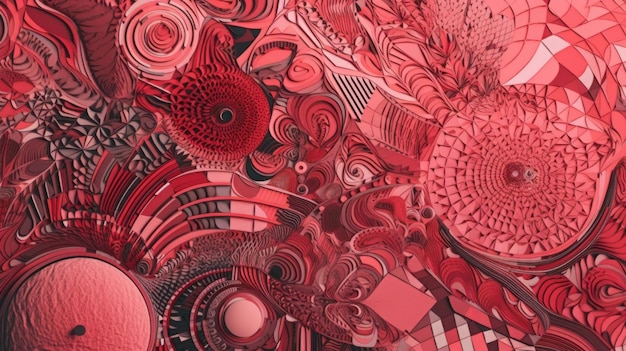 Una pared roja cubierta de muchos objetos de diferentes colores Imagen de IA generativa