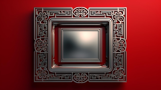 Una pared roja con un espejo en el medio que tiene un patrón chino.