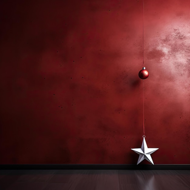 Una pared roja con una estrella blanca y una bola roja colgando de ella.