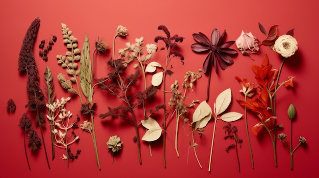 Una pared roja con flores y hojas.