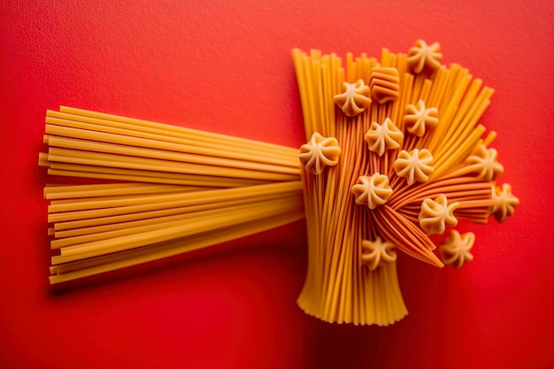 Una pared roja con un montón de pasta encima.