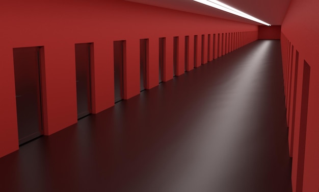 Una pared roja con muchas puertas y una larga en un largo pasillo 3D Render