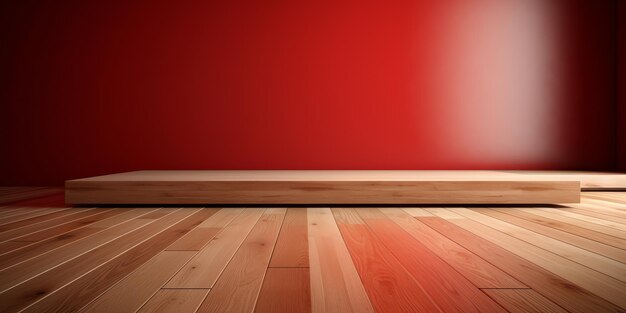 Una pared roja con piso de madera y un piso de madera que dice