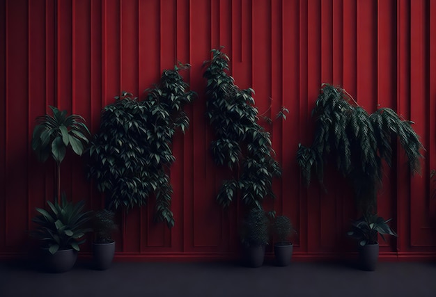 Una pared roja con plantas y un fondo rojo.