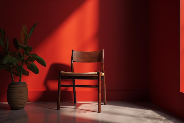 Una pared roja con una silla y una planta en la esquina.