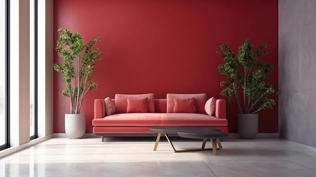 Una pared roja con un sofá y plantas.