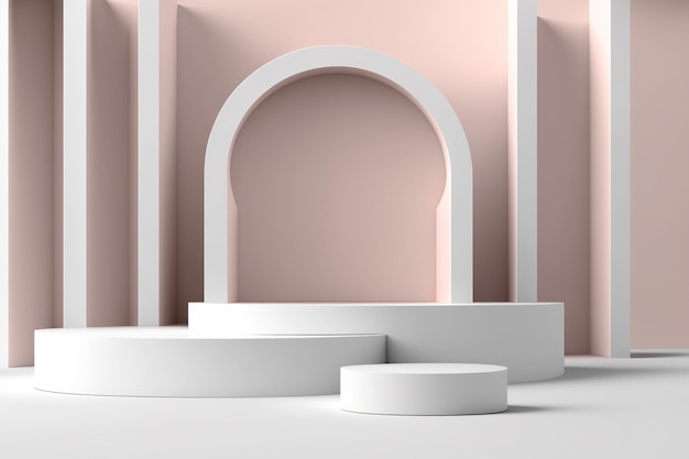 Una pared rosa con un arco blanco y una plataforma redonda blanca.