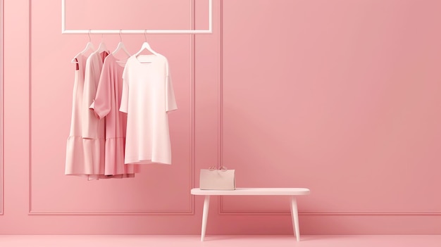 una pared rosa con un estante blanco y una caja blanca con una bolsa blanca en ella